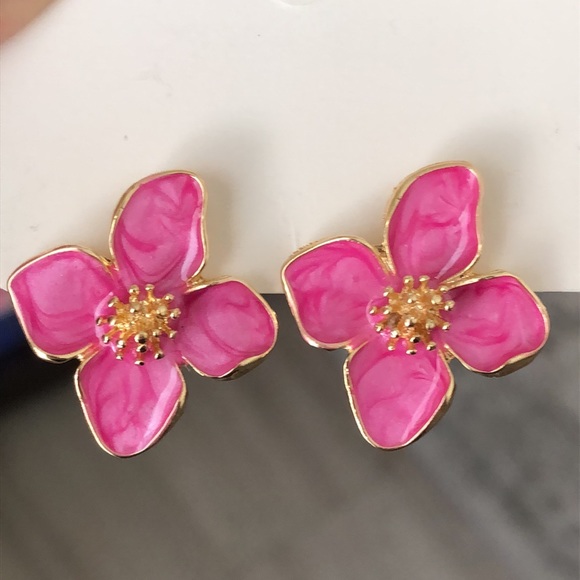 Pink + Gold Flower Statement Earrings - Picture 2 of 6